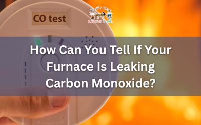 Carbon monoxide detector with text overlay "How Can You Tell If Your Furnace Is Leaking Carbon Monoxide?" highlighting HVAC safety and maintenance tips.