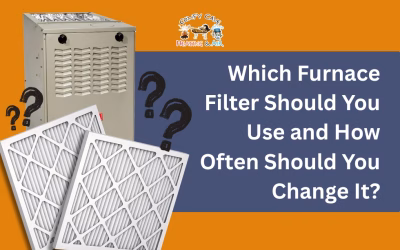 Furnace with question marks and air filters, highlighting "Which Furnace Filter Should You Use and How Often Should You Change It?" for HVAC maintenance and energy efficiency tips.